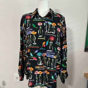 Corey B Vintage 100% Silk Multicolor Flowers Retro Women’s size 10 Button Up